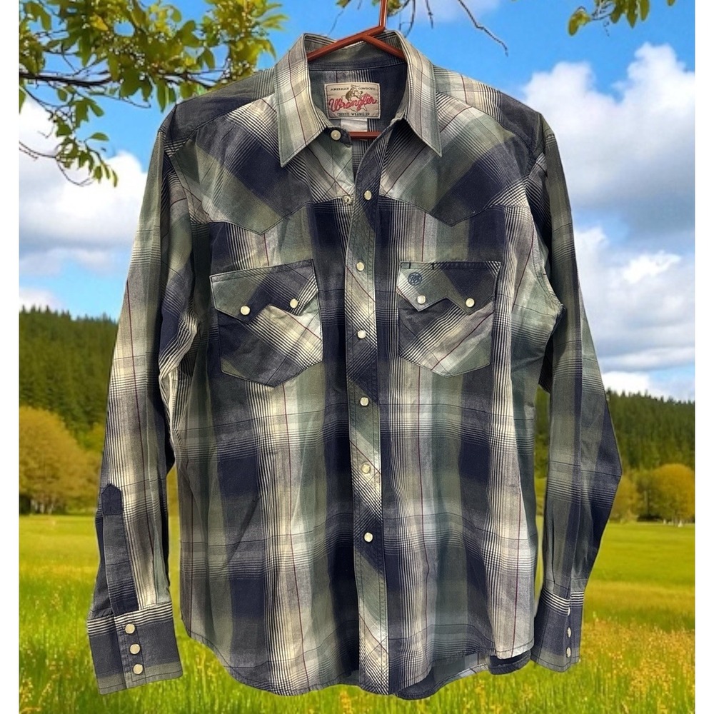 Wrangler Western Brown‎ Pearl Snap Shirt Blue Green Plaid Button Up Men's Sz S